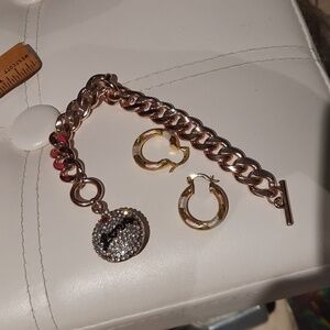 NEW ROSE GOLD TOGGLE Chain Bracelet with Crystal heart "LOVE" Charm & Earrings